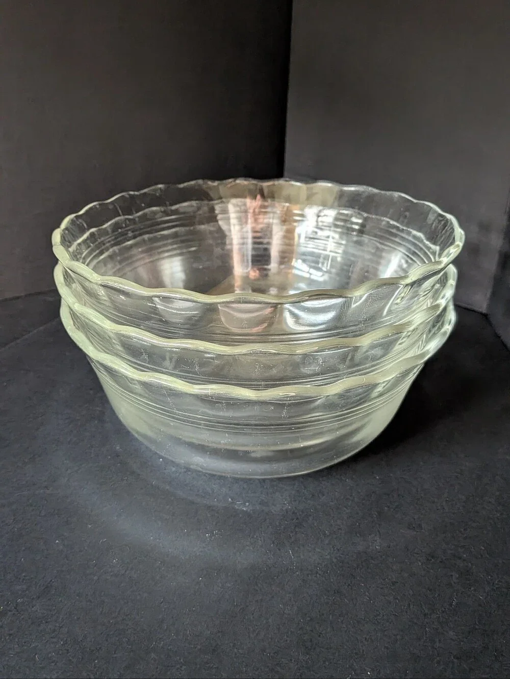 VTG Set Of 3 MCM Pyrex #465 I PT Scalloped Glass Bowls Custard Cups Read Descrip
